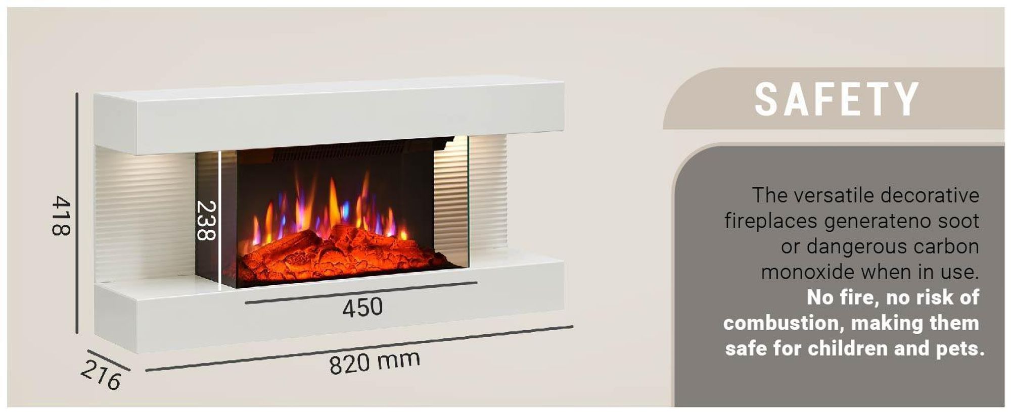 Elektryczny kominek ścienny BALDERIA Ida – moc grzewcza do 1800 W, efekt płomienia 3D, biały