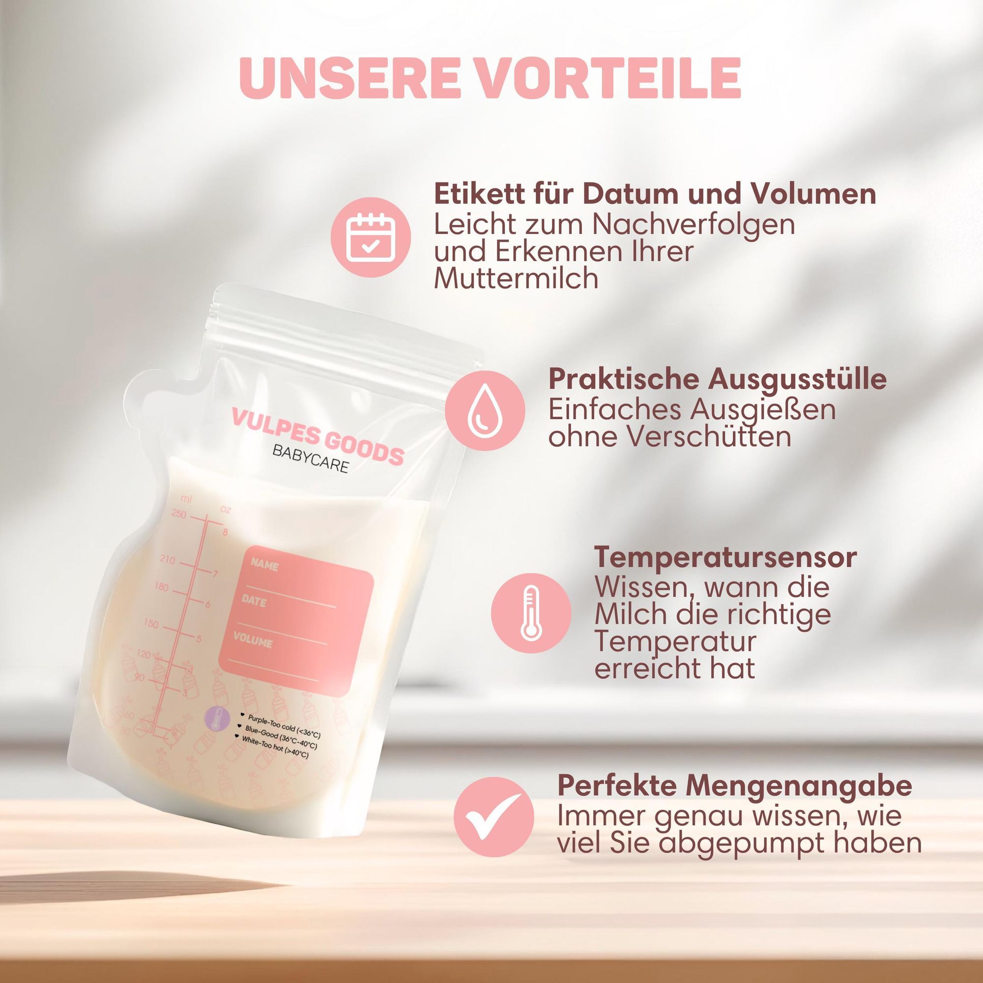 Vulpes Goods Muttermilch-Aufbewahrungsbeutel, Still-Aufbewahrungsbeutel, Mit Ausguss, Extra groß, 250 ml, 60 Stück, BPA-frei