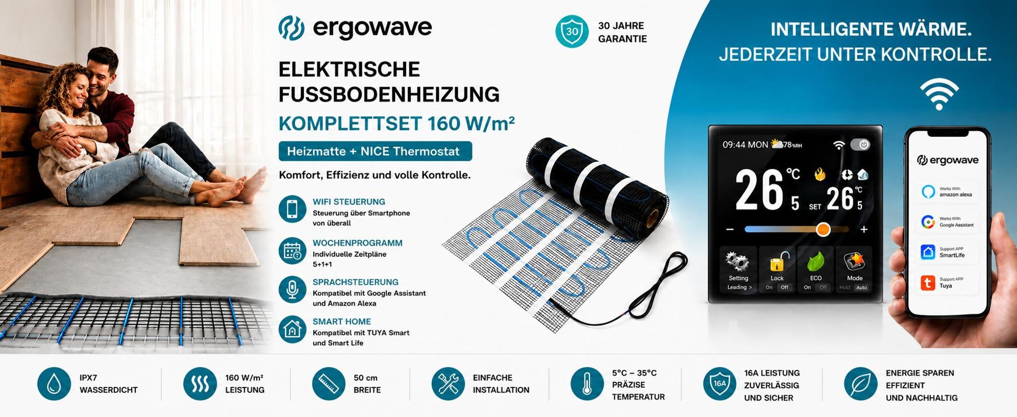 Set Heizmatte 2,5 m² mit Thermostat SMART NICE.B, fertiges Heizset