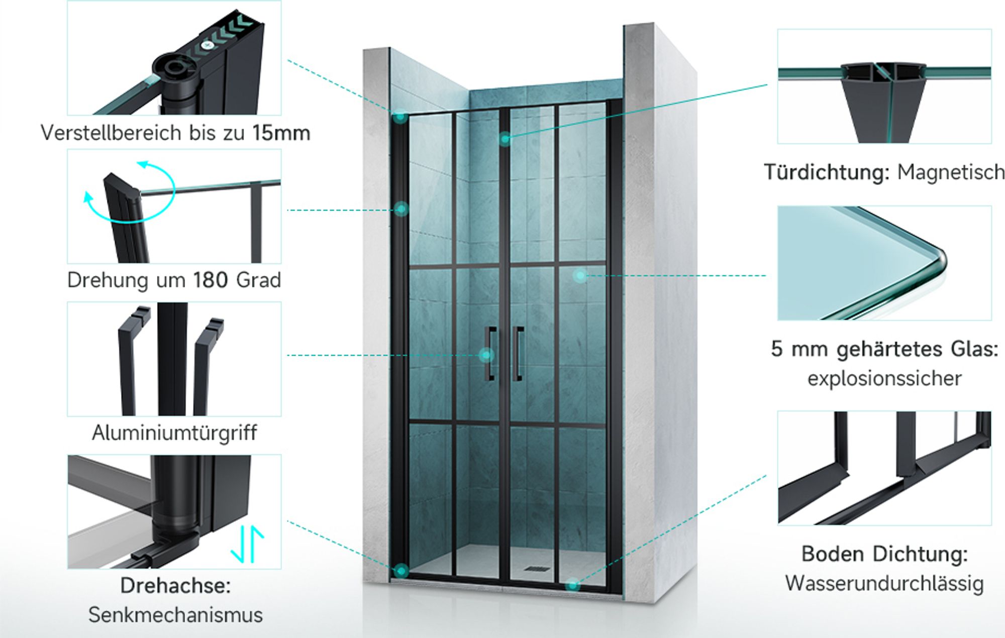 SONNI Duschtüren Nischentür 90x195cm Doppeltür Pendeltür Duschabtrennung Nischendrehtür Duschtür Schwingtür Duschkabine ESG Glas Schwarz