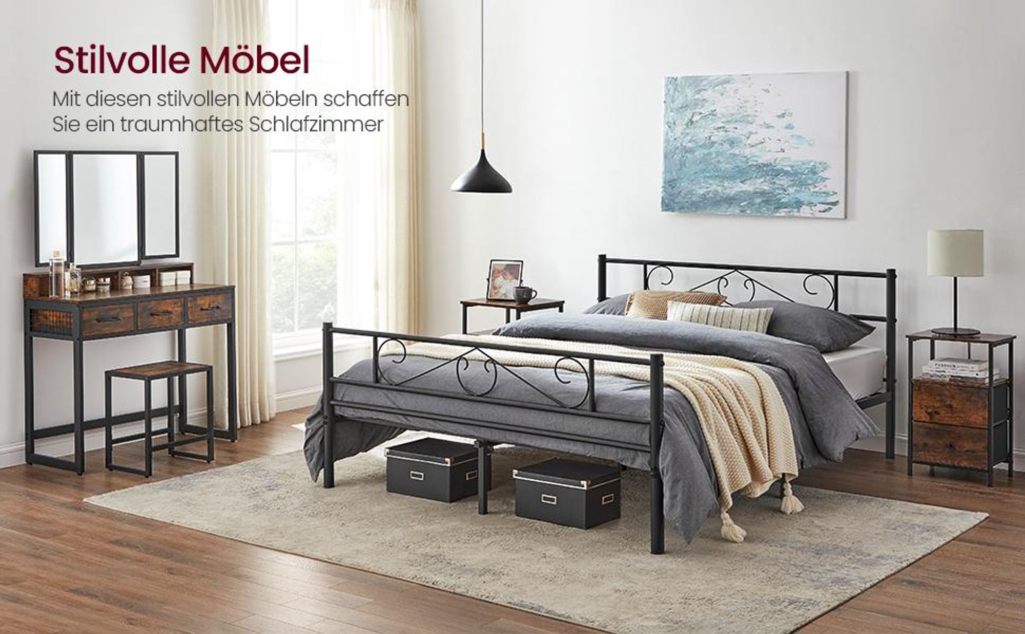 VASAGLE Bettgestell 160 x 200 cm, mit Kopfteil, Metallbett, Bettrahmen