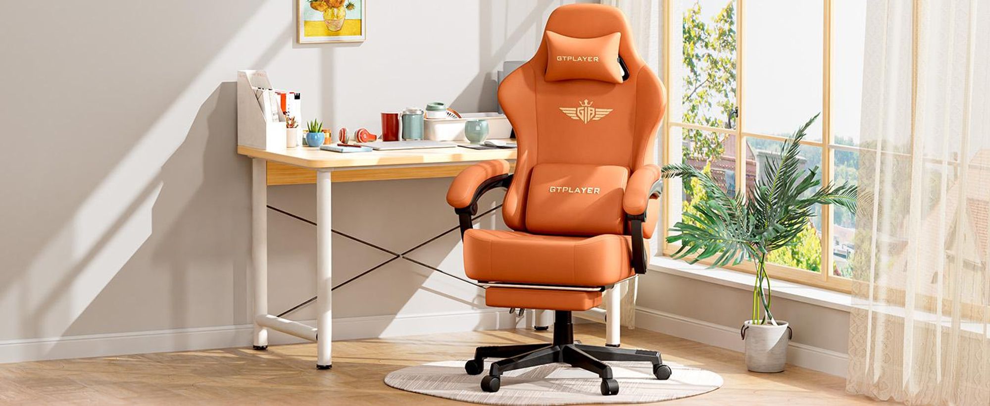 GTPLAYER Gaming Stuhl Ergonomischer Gaming Sessel Schreibtischstuhl Bürostuhl mit Stoffoberfläche Federsitzkissen, Verbindungsarmlehnen, mit Fußstütze