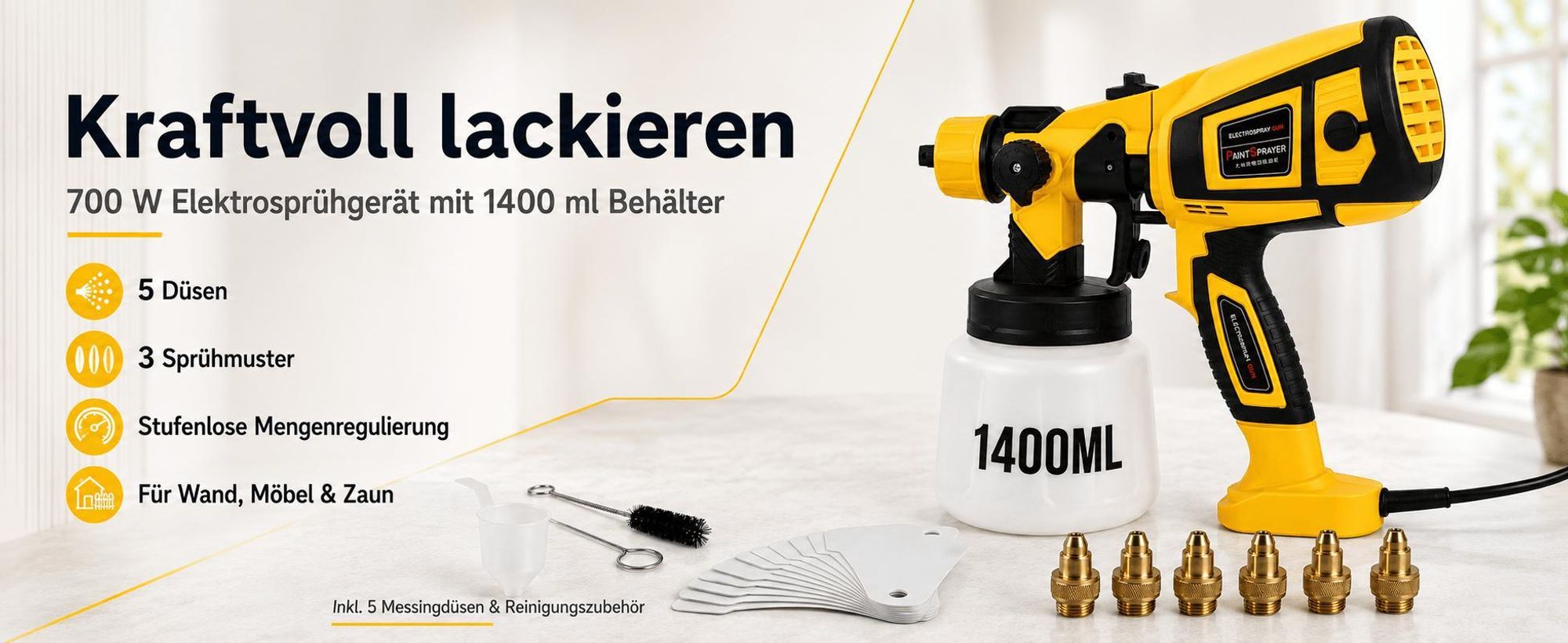 Farbsprühsystem Elektrisch Lackierpistole Farbsprühgerät 700W 1,4L 5 Kupferdüsen 3 Muster