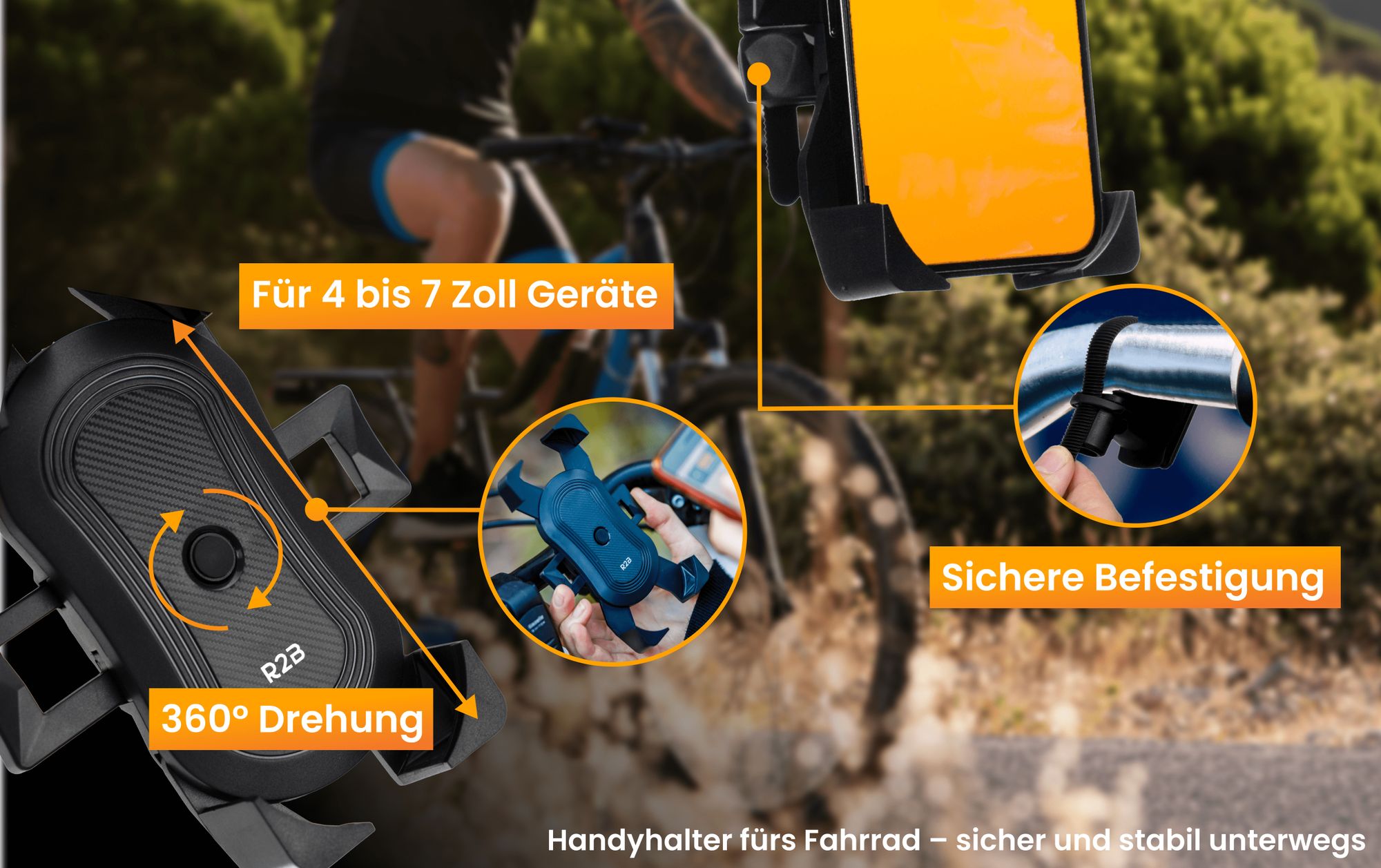 R2B Handy Halterung Fahrrad - Universal fahrrad Handyhalterung, mit Klick-System, Handyhalter fahrrad für Mountainbikes, Motorräder und Motorroller