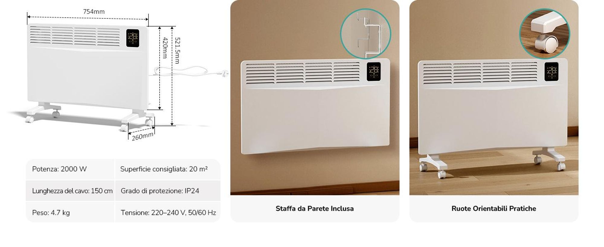 Riscaldatore convettore EMKE 2000 W con WiFi e app, radiatore elettrico a risparmio energetico, riscaldamento a parete e apparecchio a pavimento con rotelle, timer 24/7, bianco