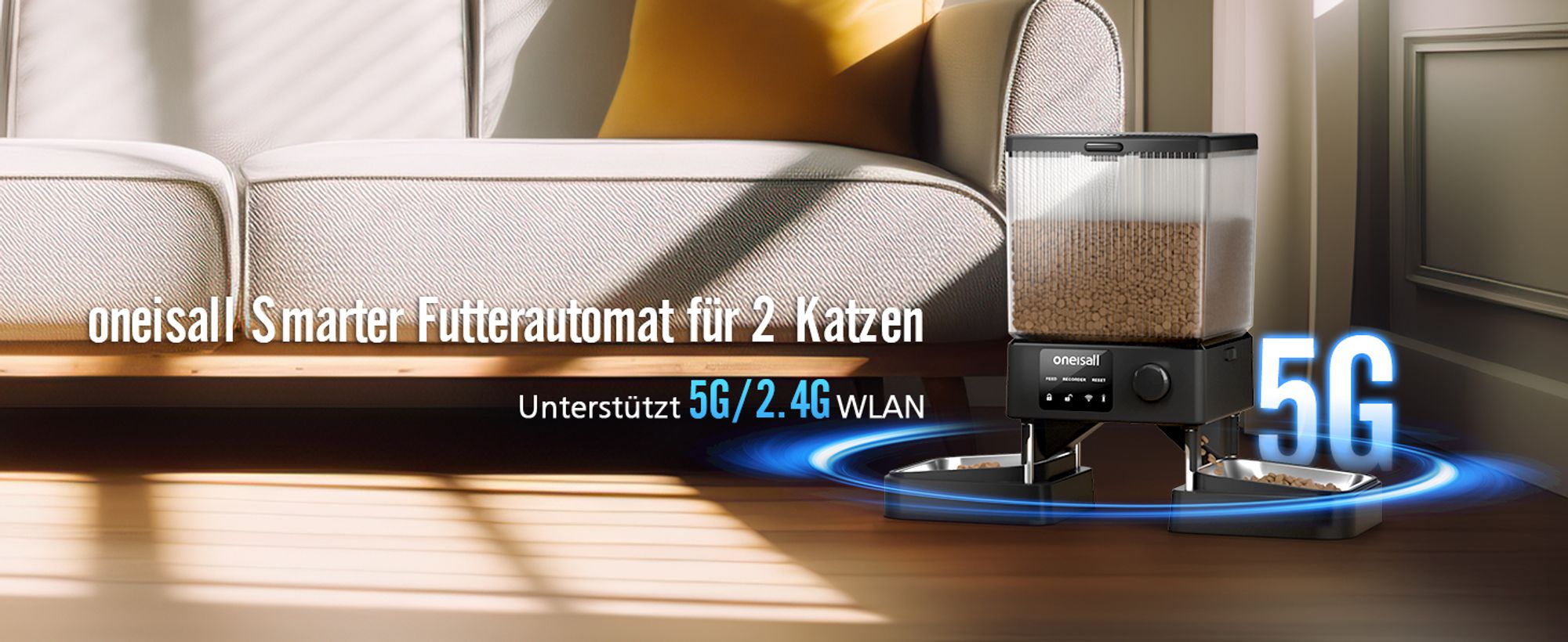 Oneisall Automatischer Katzenfutterspender mit 5G WLAN für 2 Katzen