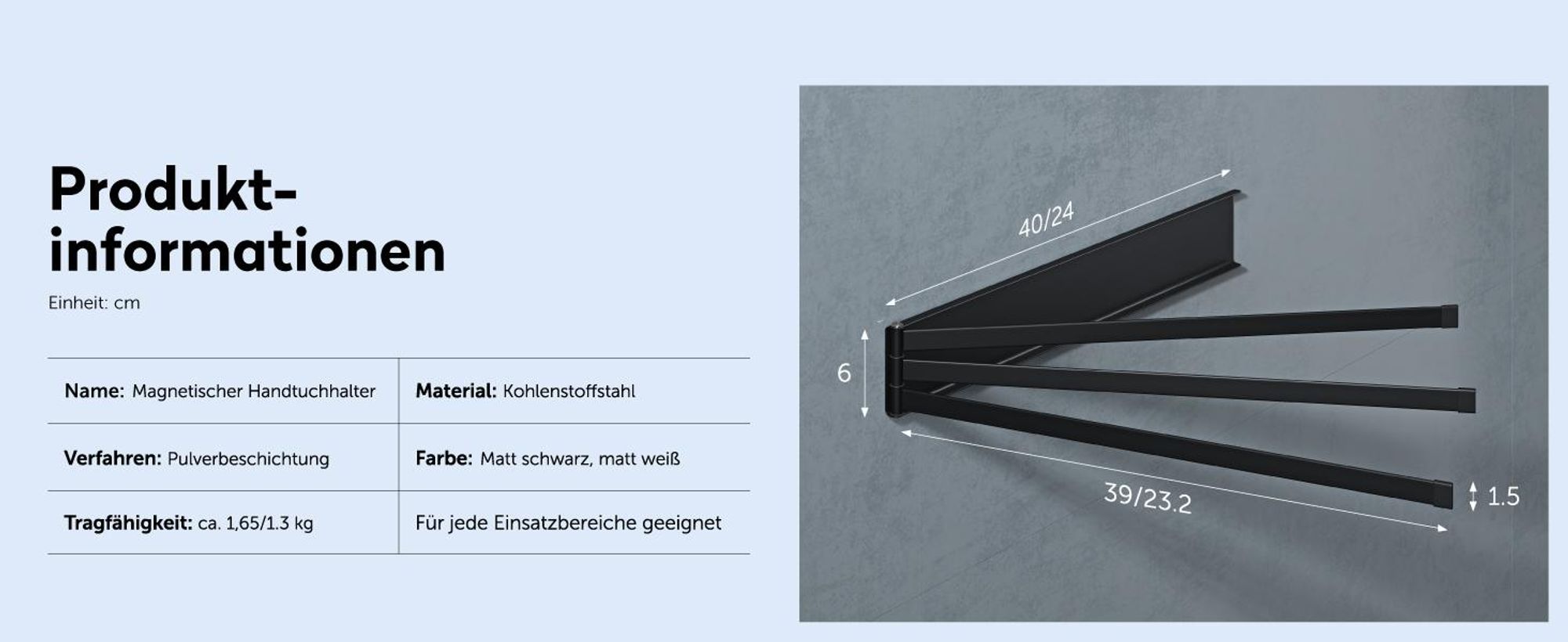 doporro Handtuchhalter ohne Bohren mit Magnet, 180° schwenkbar, 40cm selbstklebende Handtuchstange mit 3 Armen, Wandhalterung Matt Schwarz Folda-02