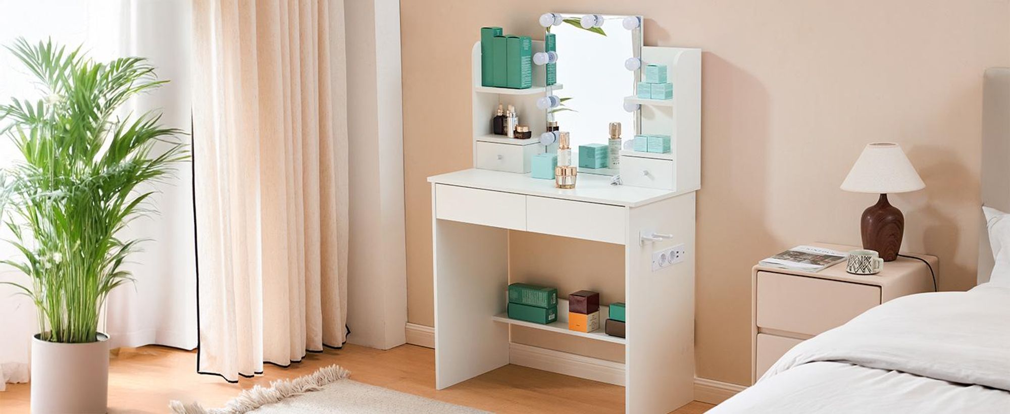 FCH Schminktisch mit 3-LED Einstellbare Helligkeit, Steckdosenleiste, 4 Schubladen & Ablagefächern, 85cm x 40cm x130cm, Weiß