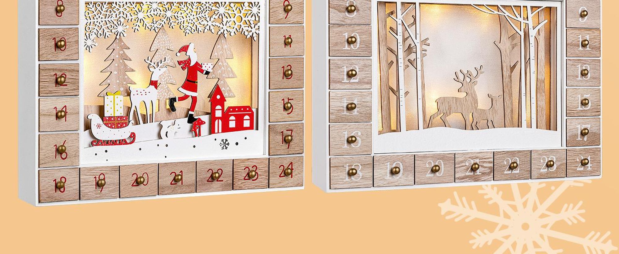 SPIELWERK® Adventskalender zum selbst Befüllen Nachhaltig LED warmweiß 24 Türchen Weihnachtskalender DIY Holz Kinder Wiederverwendbar Winterlandschaft