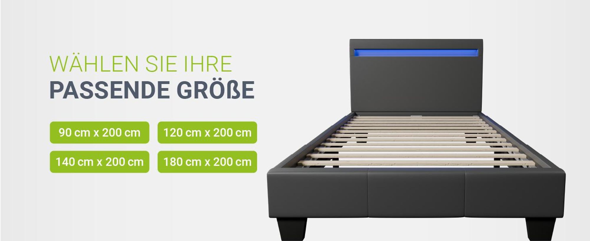 Juskys Polsterbett Paris - 90x200 cm - Bettgestell inkl. LED-Beleuchtung, Lattenrost & Matratze - grau - Stoff - Einzelbett Jugendbett