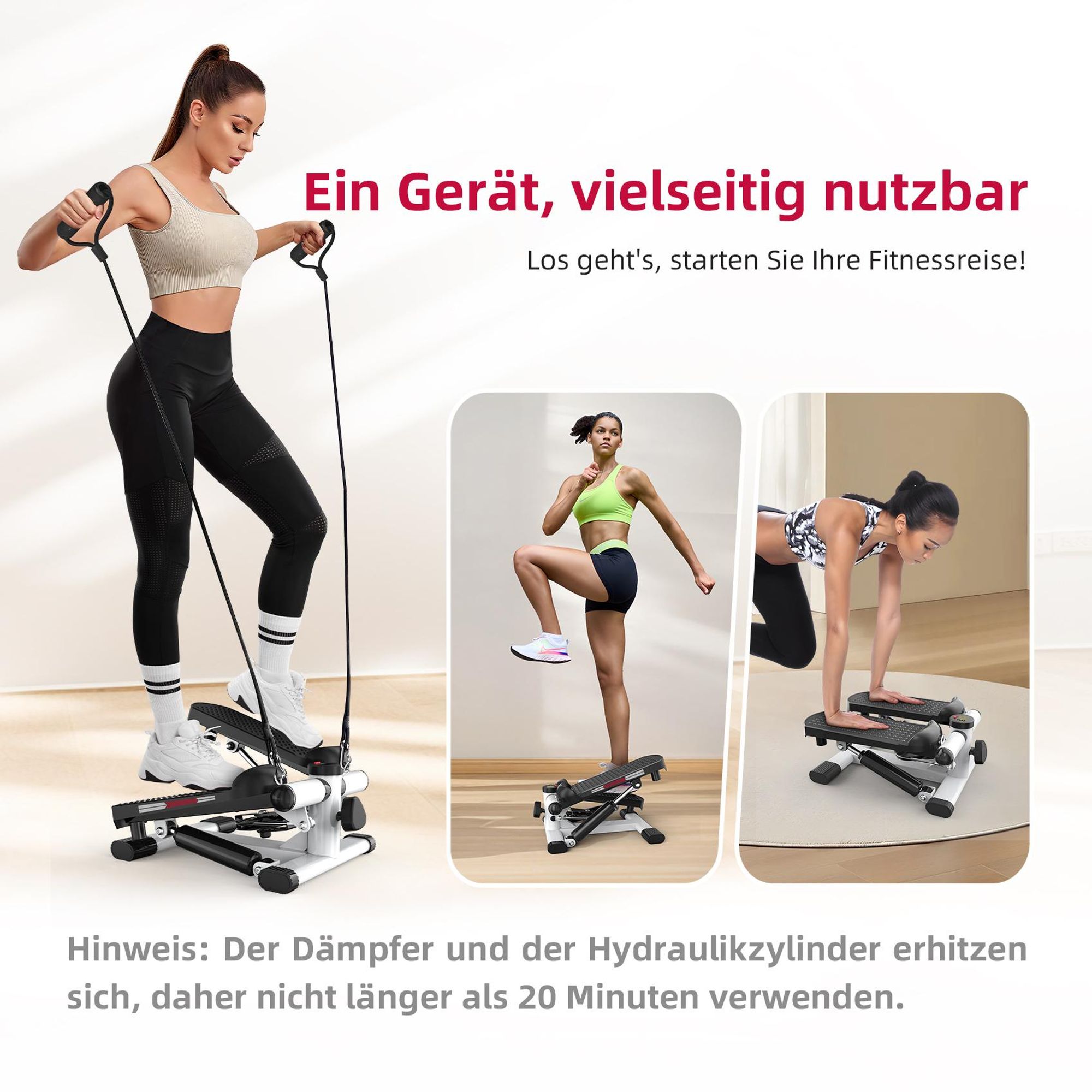 JASPORT ST1 Mini-Stepper, 2-in-1 mit Power Ropes, LCD, Einstellbarer Widerstand, für Bein- & Armtraining, Leise & Kompakt, max. 100kg Belastung ,weiß