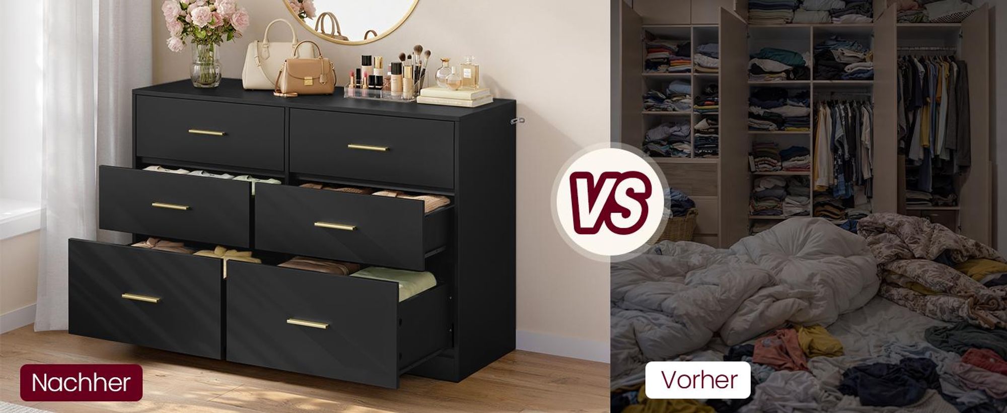 VASAGLE Kommode mit 6 Schubladen, Aufbewahrungsschrank, für Schlafzimmer, Wohnzimmer, 40 x 119 x 78 cm, schwarz