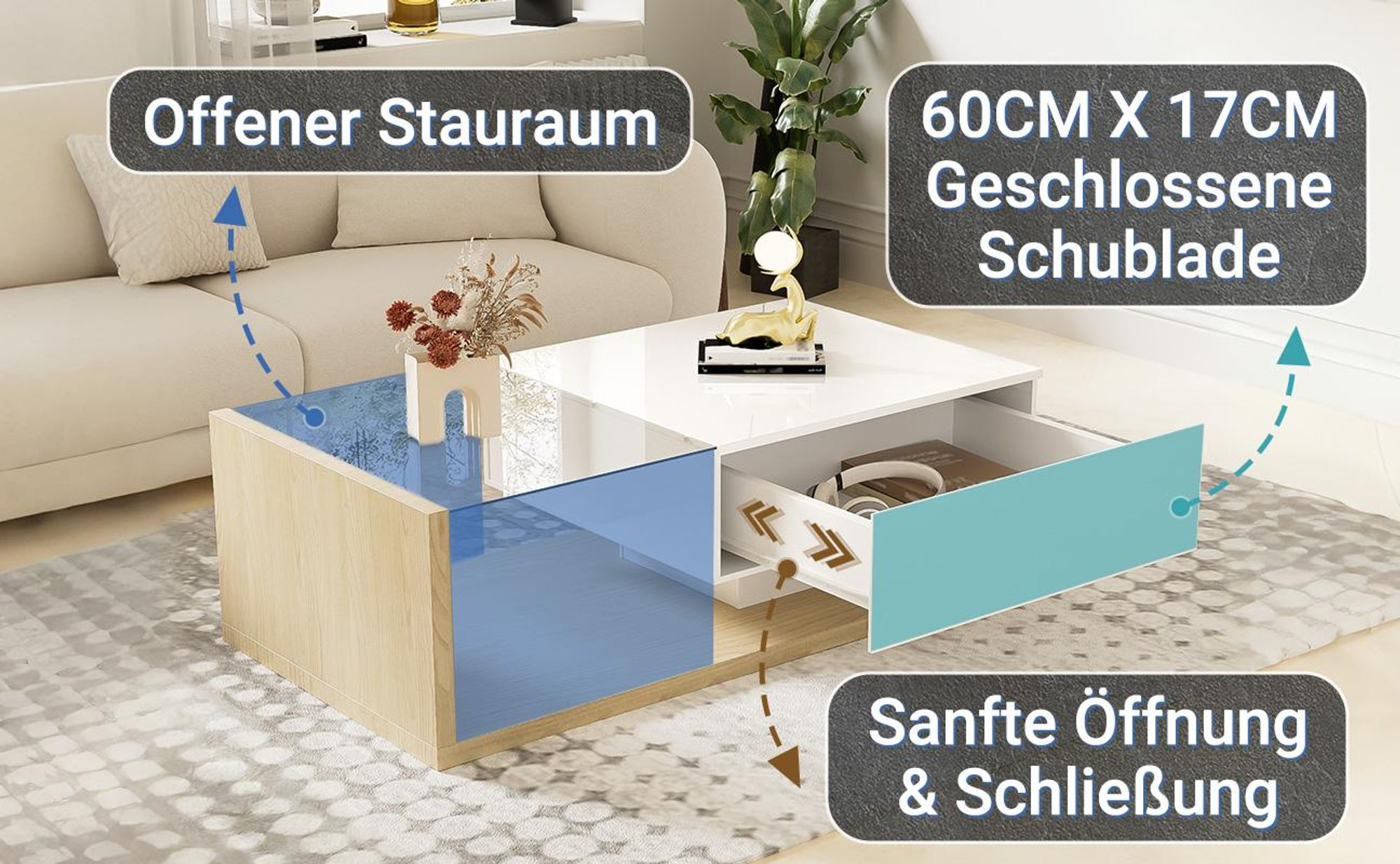 MODFU Couchtische Weiß mit LED,Hochglanz-Wohnzimmertisch,Rechteckiger Beistelltisch mit Glasfür Wohnzimmer, Schlafzimmer,Holzfarbe