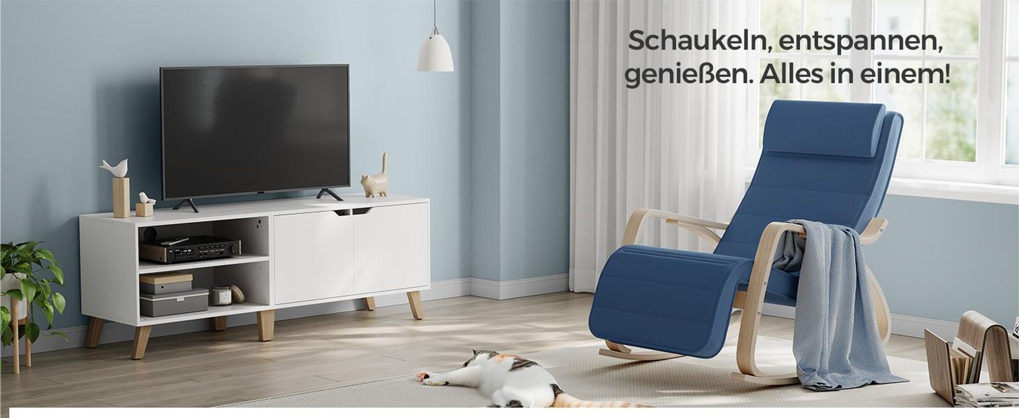 SONGMICS Relaxsessel Schaukelsessel, Relaxstuhl, verstellbare Fußstütze, Mitternachtsblau-Naturfarben