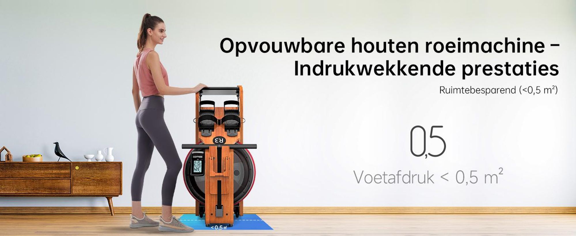 JASPORT R3 opvouwbare roeimachine vangecertificeerd eikenhout met waterweerstand, Bluetooth, LCD, Kinomap, 28 l, tot 150 kg – Cherry