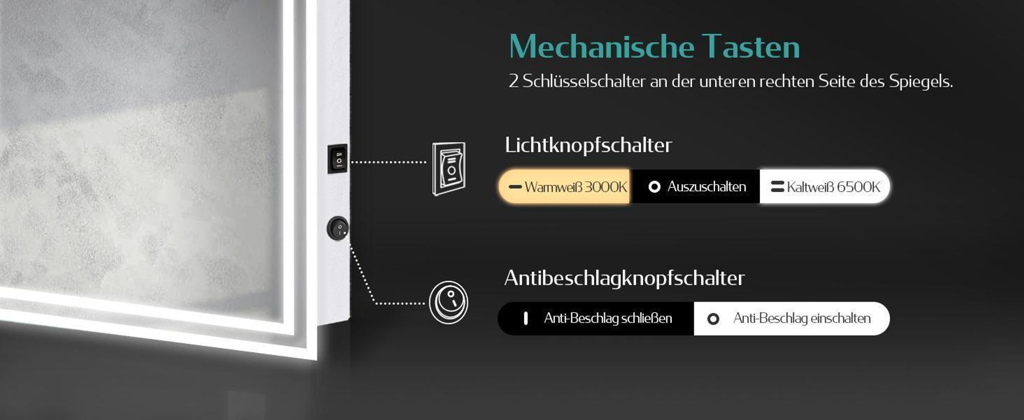 EMKE LED Badspiegel mit Beleuchtung 120X60 cm Antibeschlag, Wandspiegel Badezimmerspiegel mit mechanischem Schalter, 3000K/6500K Lichtfarben, IP44