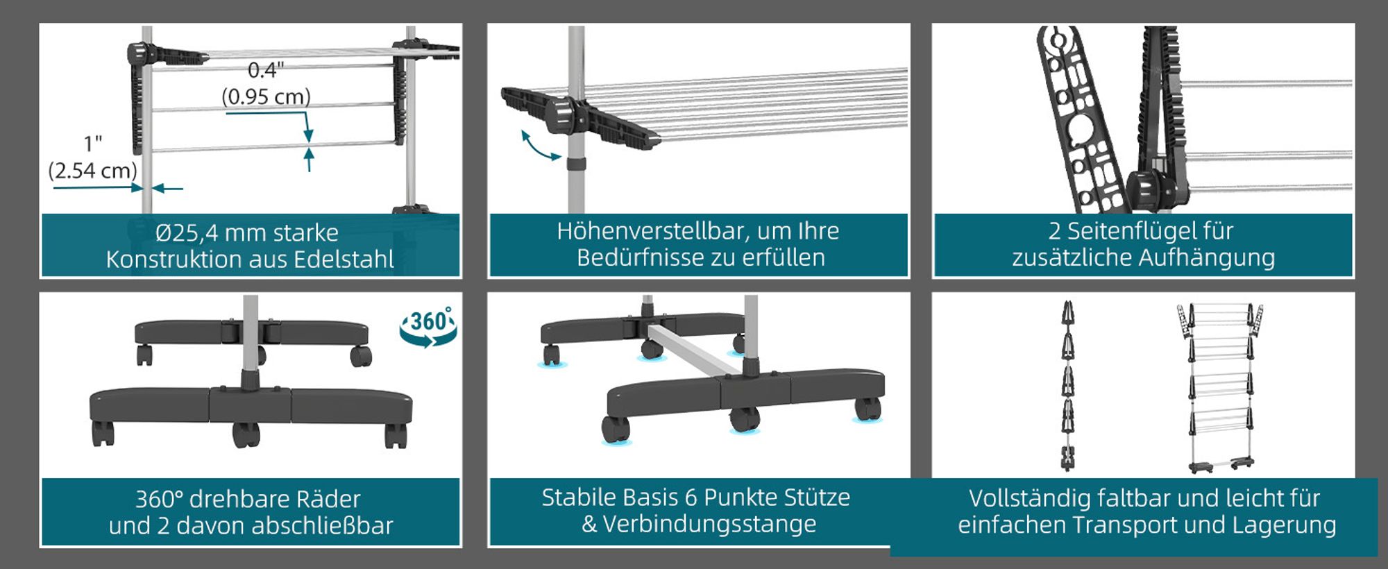 HOMCOM Wäscheständer Turmwäschetrockner 4 Ebenen klappbar höhenverstellbar Grau