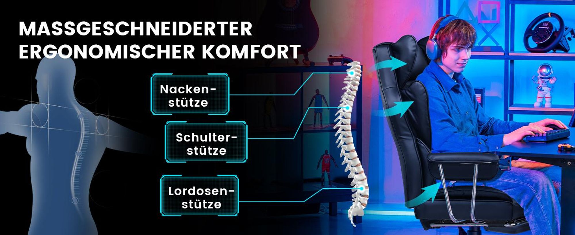 GTPLAYER Gaming Stuhl, Gamer Stuhl, Ergonomischer Bürostuhl mit Fußstütze verstellbare Lenden und Kopfkissen, Gaming Chair Gepolstert, Gaming Sessel