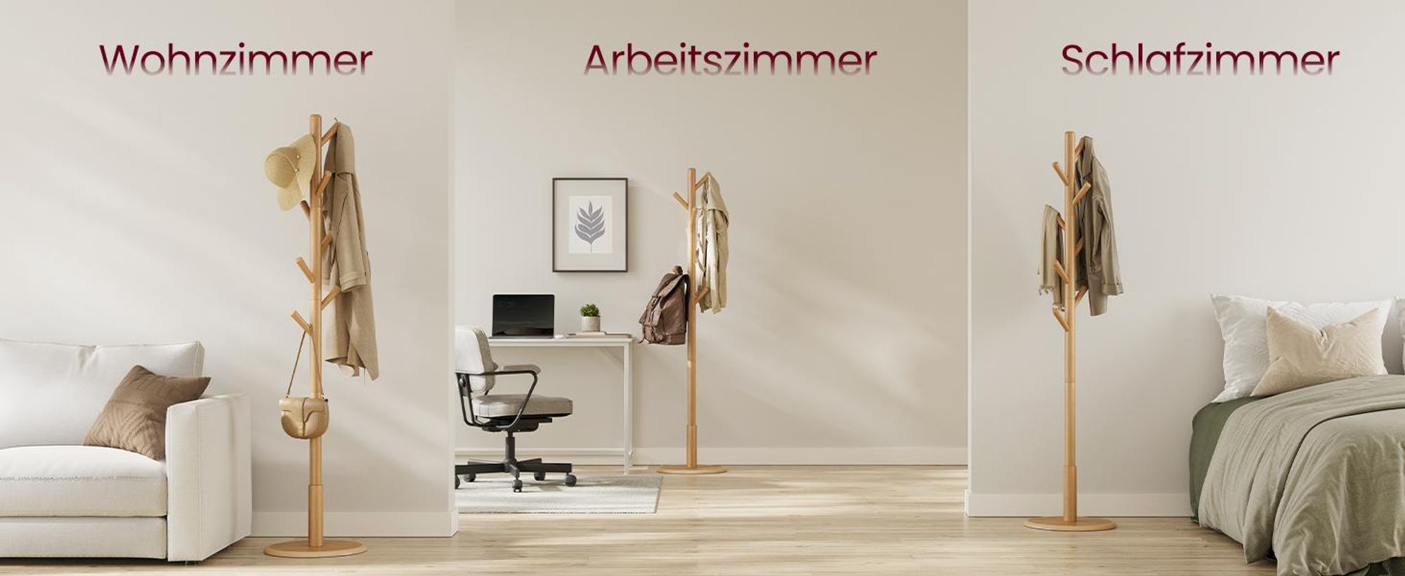 VASAGLE Garderobenständer, Kleiderständer Massivholz, Jackenständer Baumform, 8 Haken für Jacken, Hüte