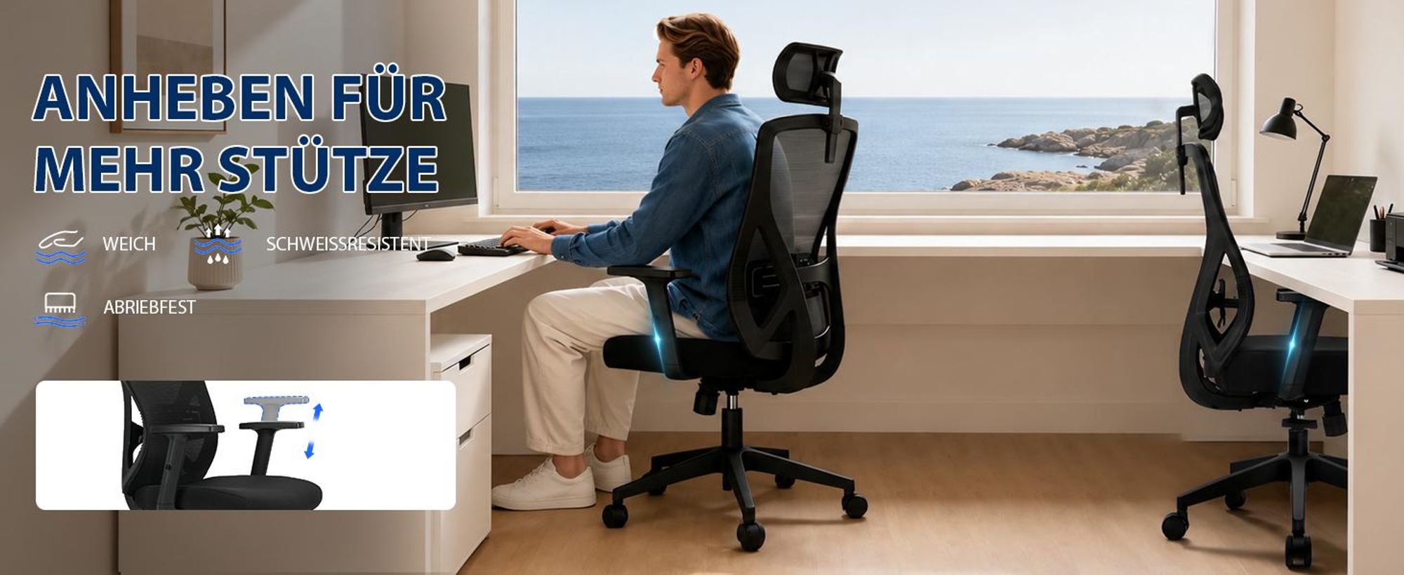 Bürostuhl, Ergonomischer Bürostuhl, Schreibtischstuhl mit Kopfstütze, Große Armlehnen Bürostuhl, Drehstuhl, Chefsessel, Belastbarkeit 200kg