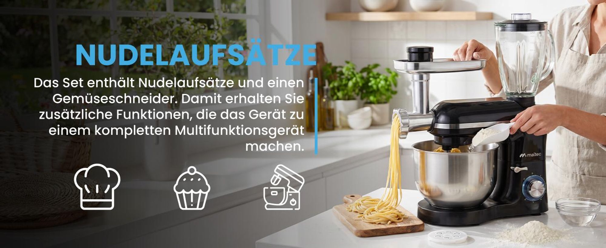 Küchenmaschine Knetmaschine Mixer mit Fleischwolf Gemüseschneider 2000W mit 6,2L Schüssel