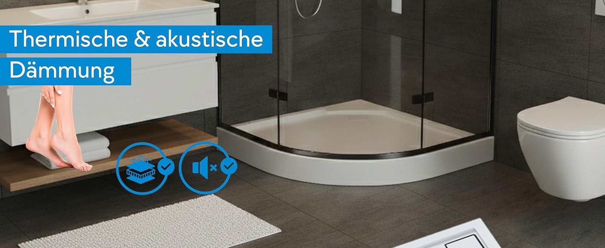 AQUABAD® Duschwanne Komplettset Finca LeakProtect® Smooth White 100x100cm R55 Viertelkreis mit Ablaufgarnitur
