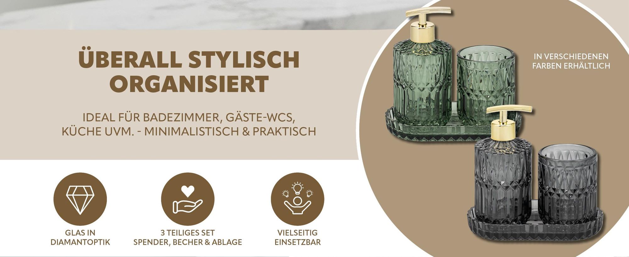 eluno Bad-Accessoires Set BURANO 3tlg. aus schwarzem Glas, 1x Seifenspender, 1x Becher und 1x Schale