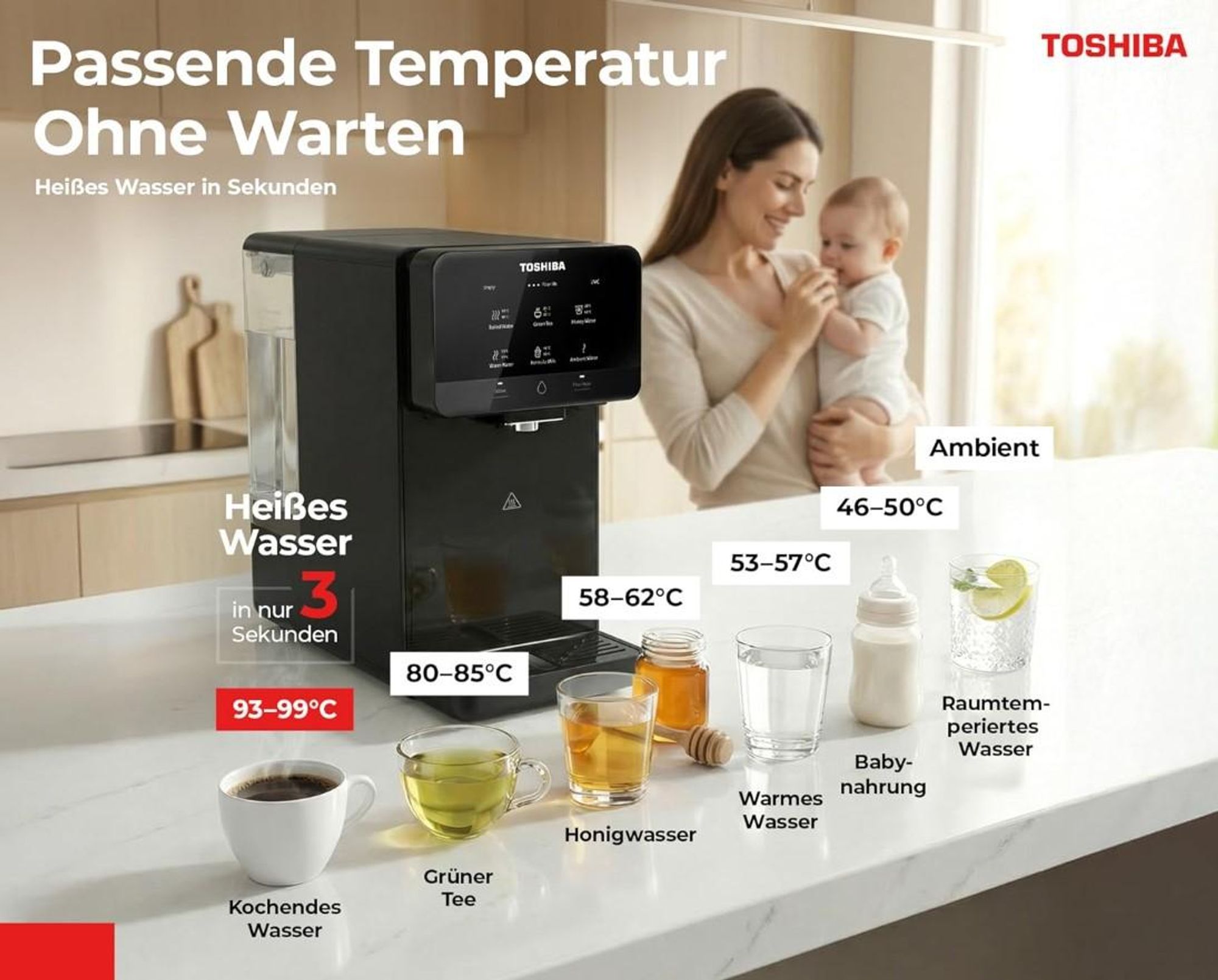 Toshiba Osmoseanlage, Wasserfilter Trinkwasser, Auftisch, Keine Installation, Heißwasserspender, Umkehrosmoseanlage, Mehrfach-Filterung, grau