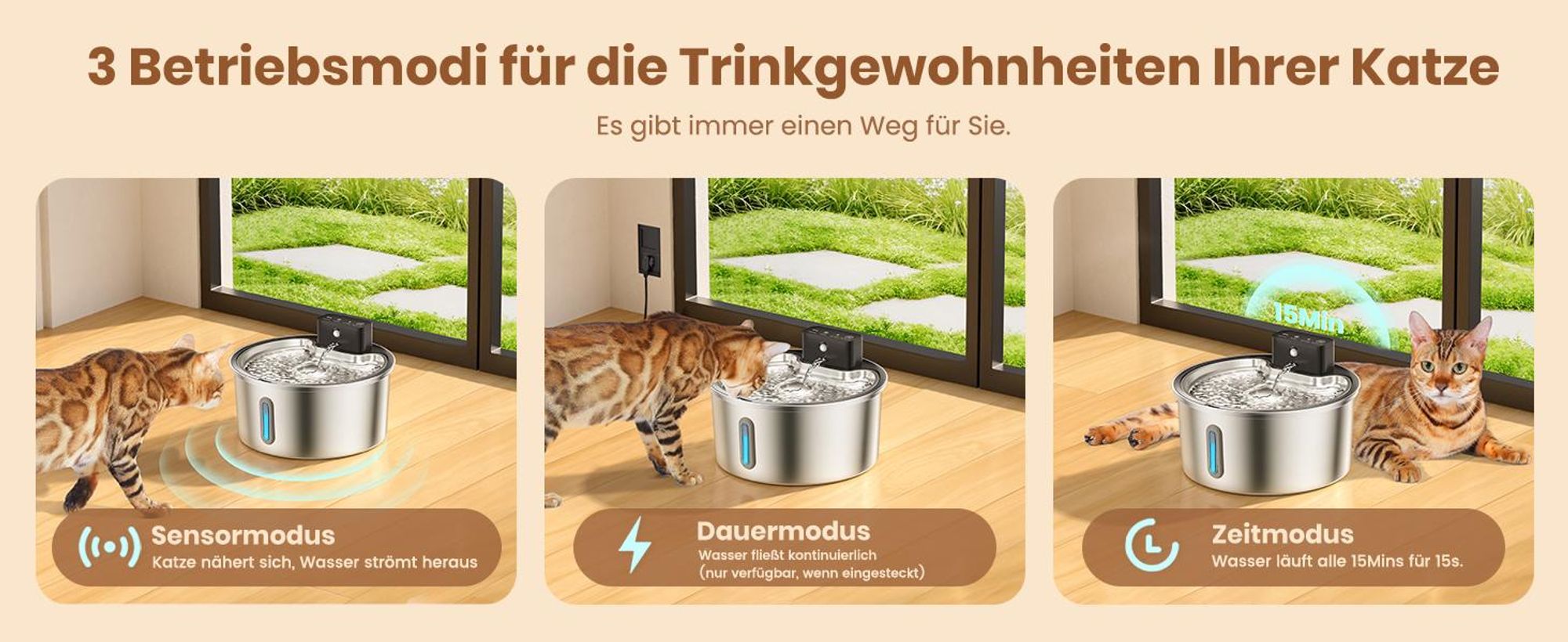 Trinkbrunnen für Katze Kabellos, Haustier Wasserspender, Katzenbrunnen, 3.2L Edelstahl Wasserbrunnen, Automatisch Leise, BPA Frei
