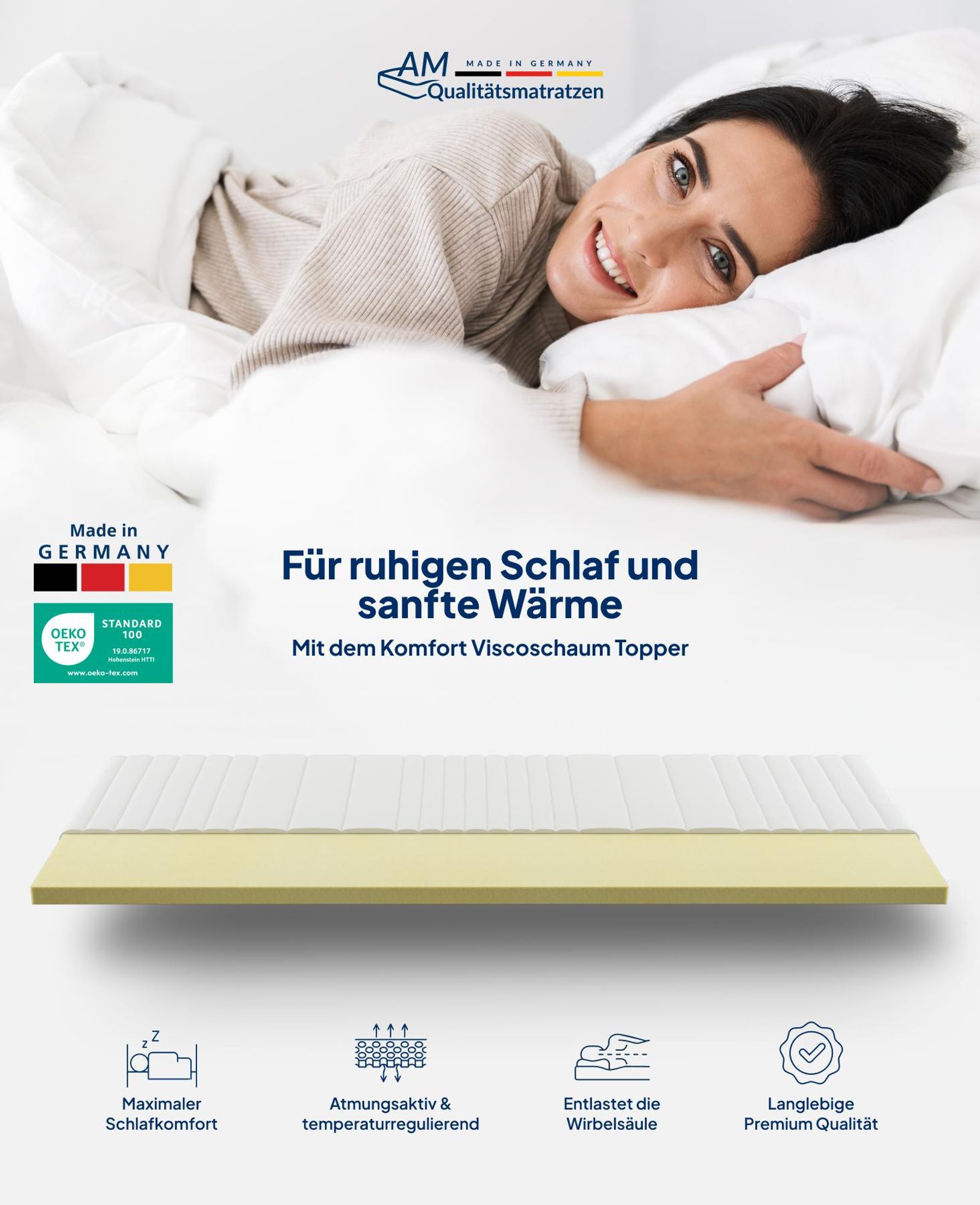 AM Qualitätsmatratzen | Premium Visco-Topper | 150x200 cm | 6 cm Höhe | Matratzentopper | 150/200 | Viscoschaum Topper | Memoryschaum