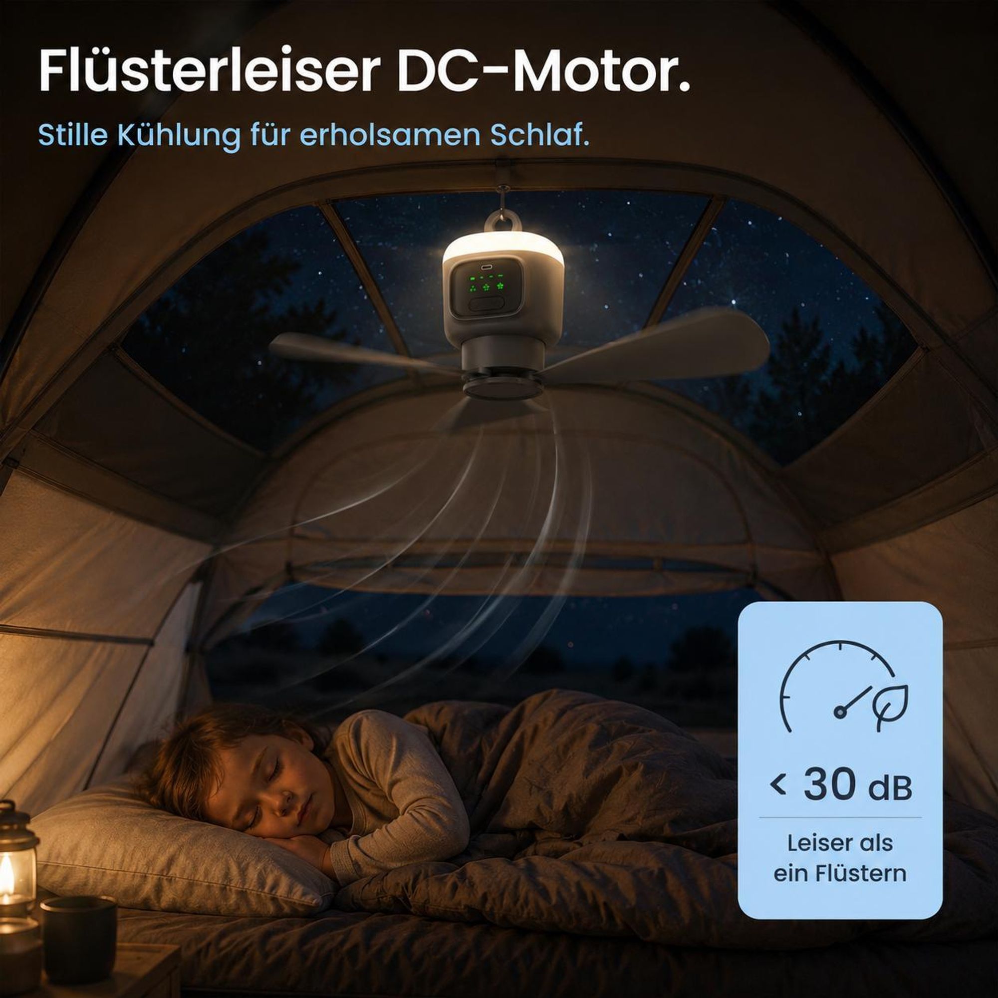 XL Ø45cm Camping Ventilator mit Licht, Akku 12000mAh, USB-C aufladbar, Deckenventilator mit Fernbedienung & Timer, Starke Brise für Zelt Pavillon RV