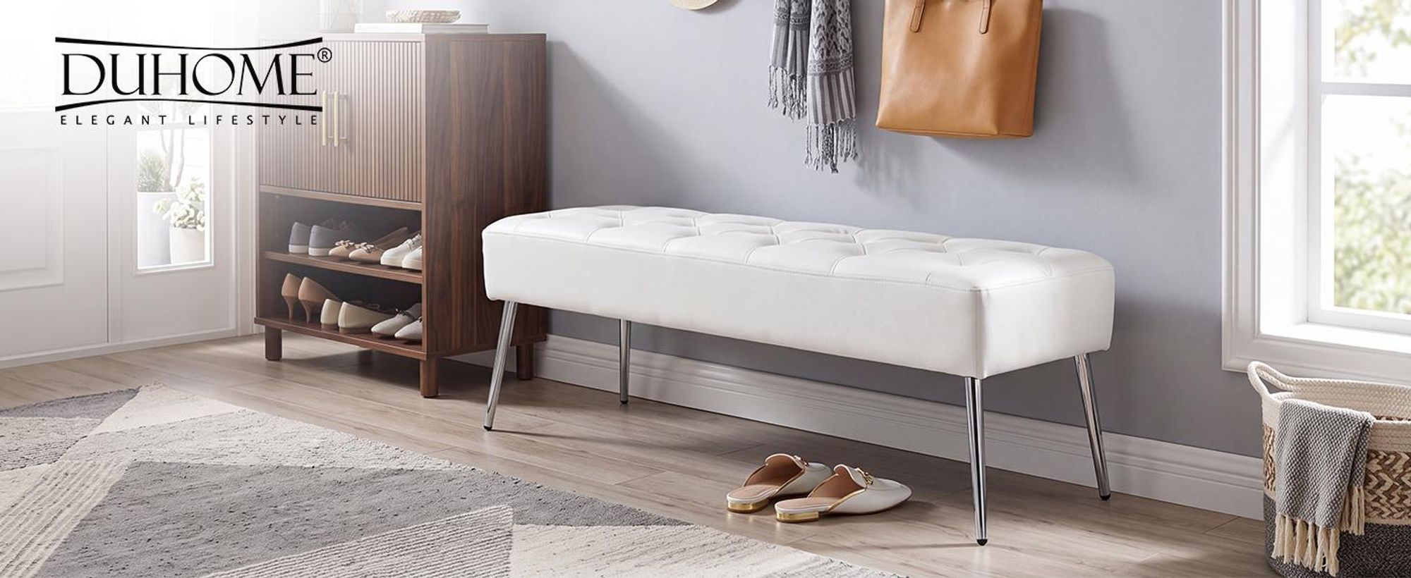 Duhome zitbank van kunstleer, gestoffeerde bank, make-up krukje, make-up tafel. Kleur: wit, materiaal: kunstleer
