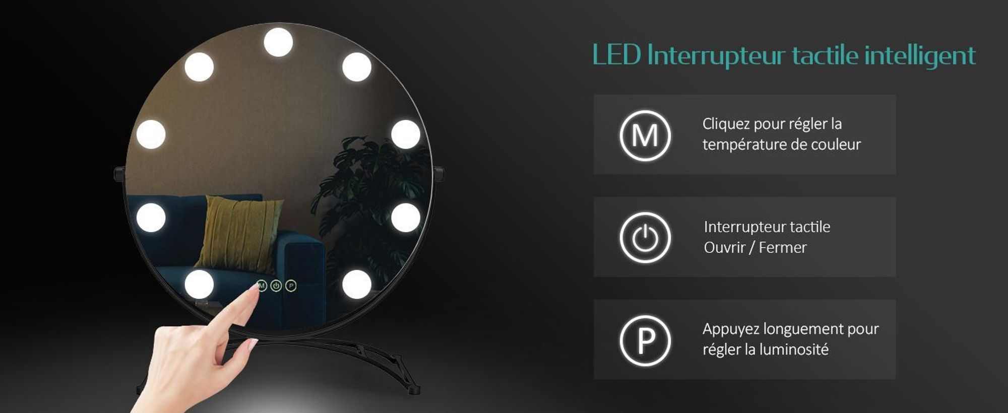 Miroir cosmétique EMKE Hollywood 58 x 50 cm Miroir de maquillage rond avec éclairage LED et grossissement 7x, 3 couleurs de lumière réglables, noir