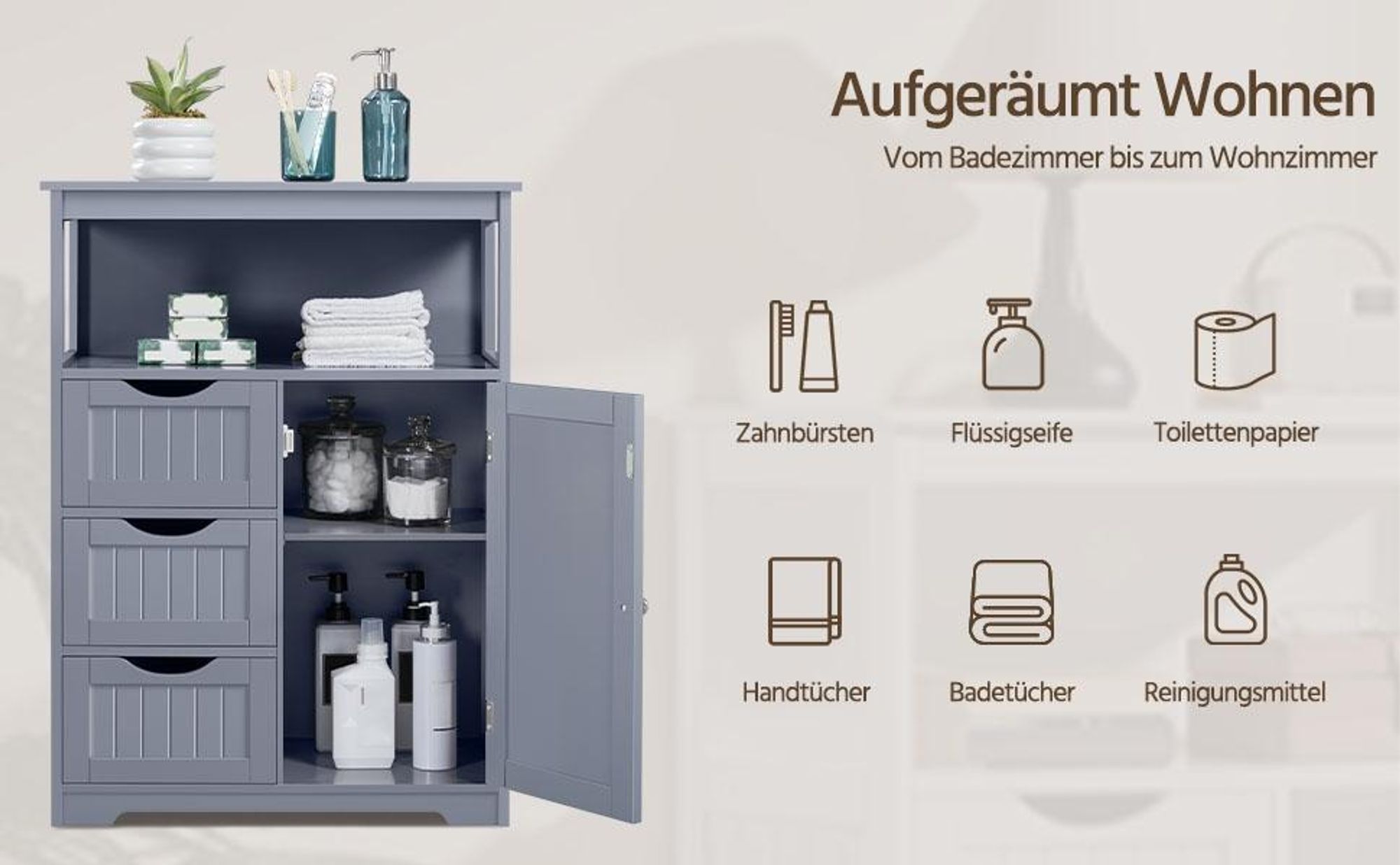Yaheetech Badezimmerschrank Beistellschrank aus Holz mit 3 Schubladen & verstellbarer Ablagefläche, 90cm H, Grau
