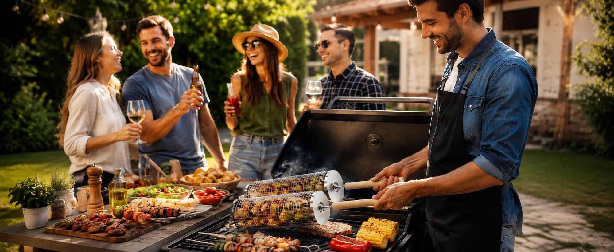 Nestbar Rollender Grillkorb,Abnehmbarer Wärmedämmung Holzgriff,Edelstahl 304,24x10cm,für Gasgrill,Elektro und Holzkohle Grill,für Camping,Gril,Outdoor