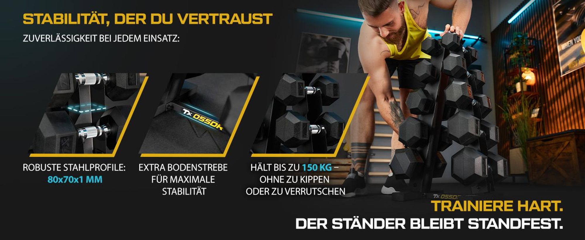 Das Bild zeigt einen Hantelständer mit Hanteln, bis zu 150kg, extra Bodenstrebe