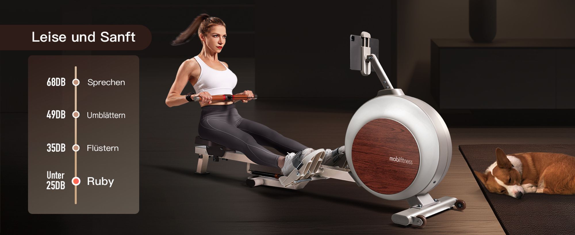 MOBI FITNESS Ruby Rudergerät mit Akku für Zuhause, Klappbares Rudergerät mit 40-stufigem Widerstand, leises Magnetbremssystem, 135kg belastbar