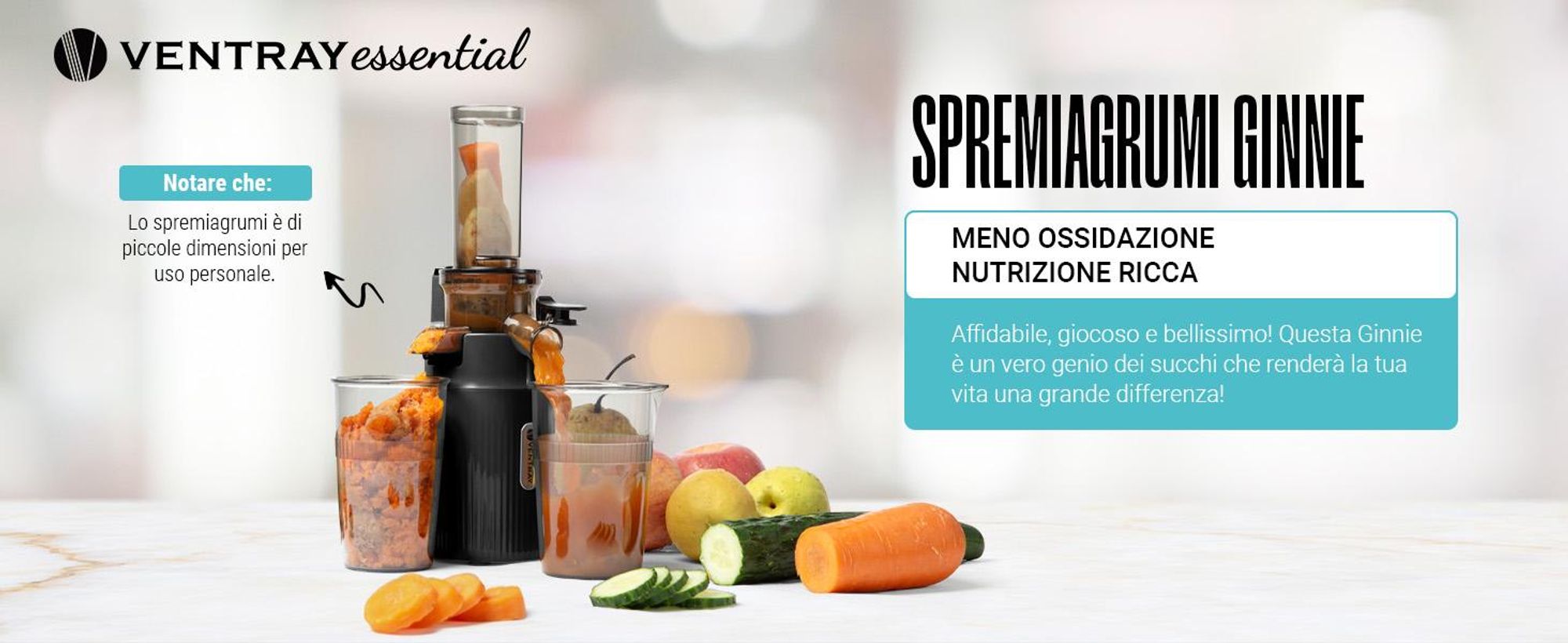 Ventray Essential Ginnie - Spremiagrumi a freddo, spremiagrumi lento compatto e silenzioso (60 giri al minuto, apertura di alimentazione di 45 mm), senza BPA, 400 ml, facile da pulire