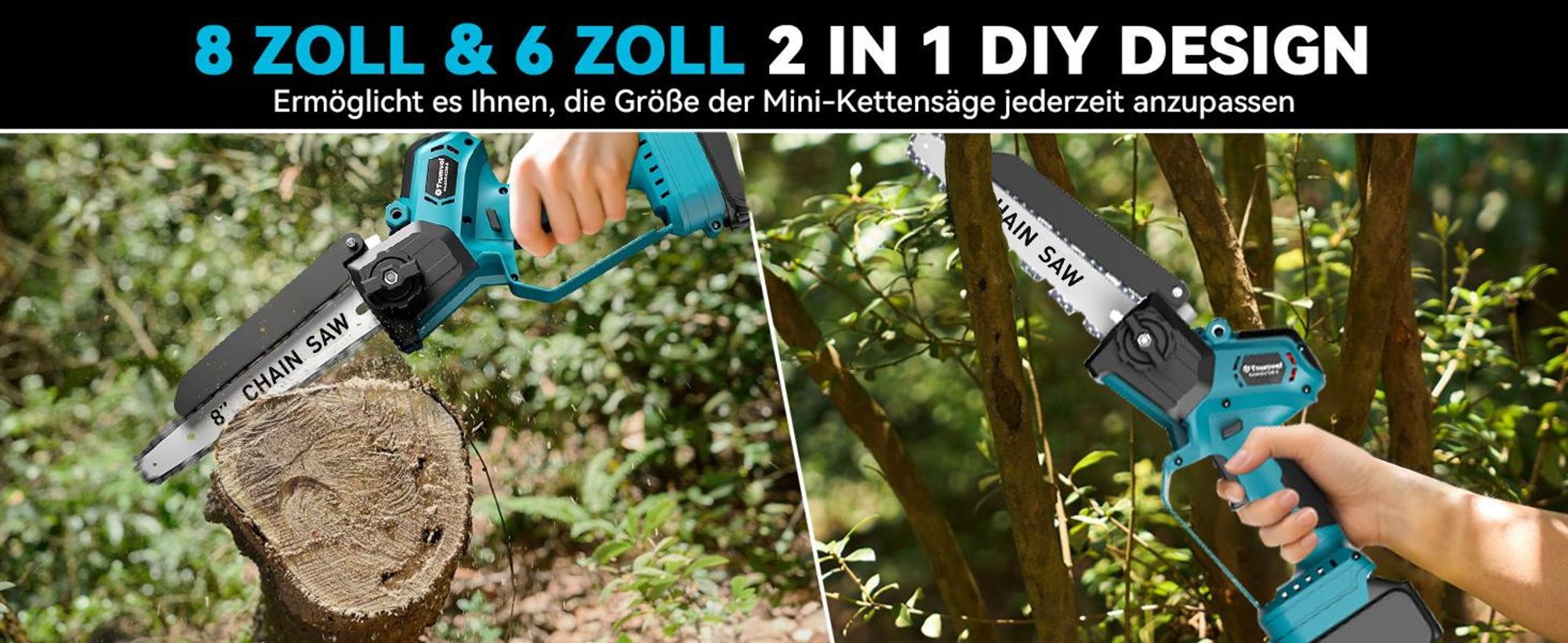 Bürstenlose Mini-Kettensäge, 6+8 Zoll Stromkettensäge, 2x4.0Ah Akku Kettensäge, tragbare Handheld-Säge zum Trimmen von Holz,Holzschnitt,Gartenwerkzeug