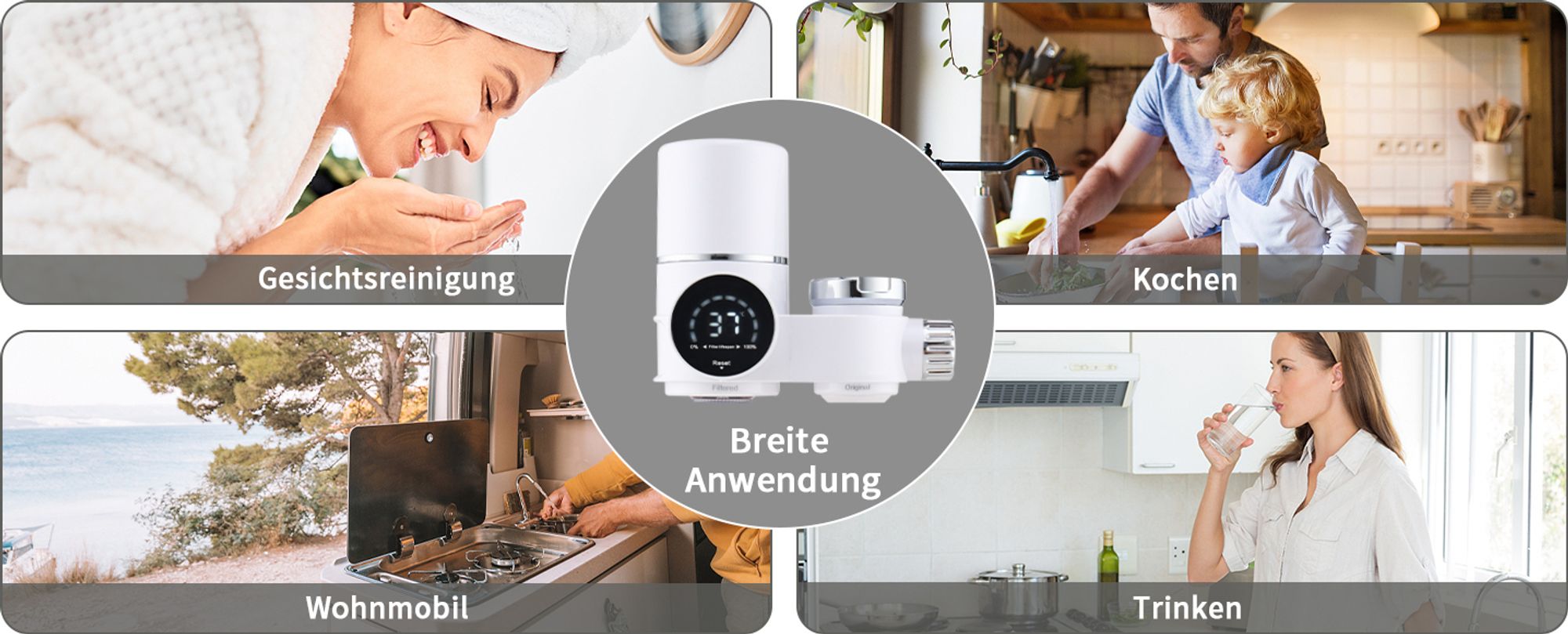 Homelody Wasserfilter für Wasserhahn mit Blaulicht-Sterilisation, Wasserfilter für Standard-Wasserhähne mit 2 Pack Wasserfilter Cartridges