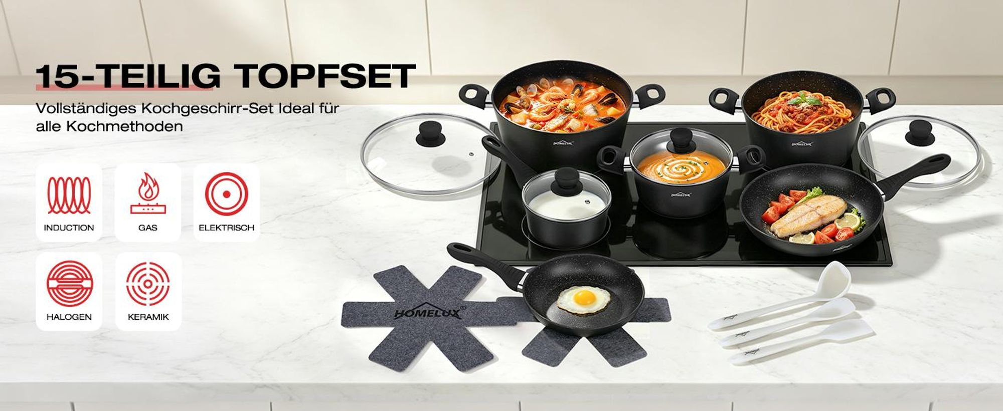 Topfset Induktion 15-Tlg Topfset Pfannenset Kochtopfset, Aluminium Antihaft-beschichtete Töpfe & pfannen,Cookware-Schwarz(HLCW15BK)