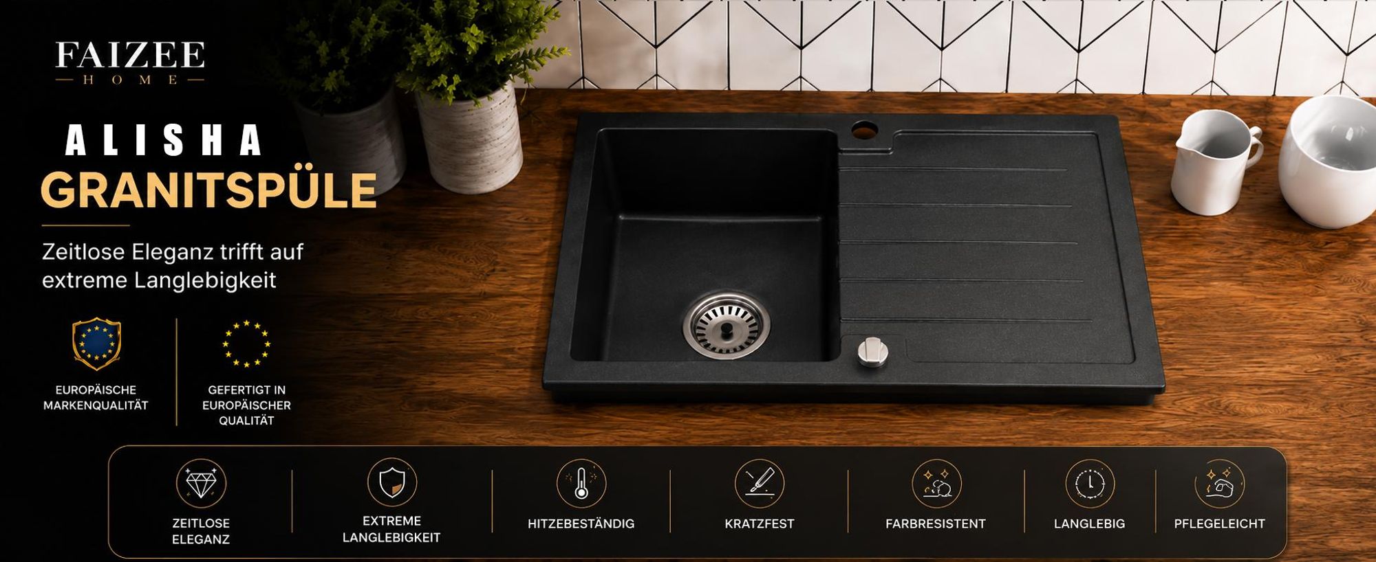 [Granitspüle 76x44 Schwarz]Hochwertig beidseitig Montierbar Küchenspüle Eckig Einbaugranitspüle Granit Spülbecken f. Unterschränke ab 45 cm inkl.Siphon Set