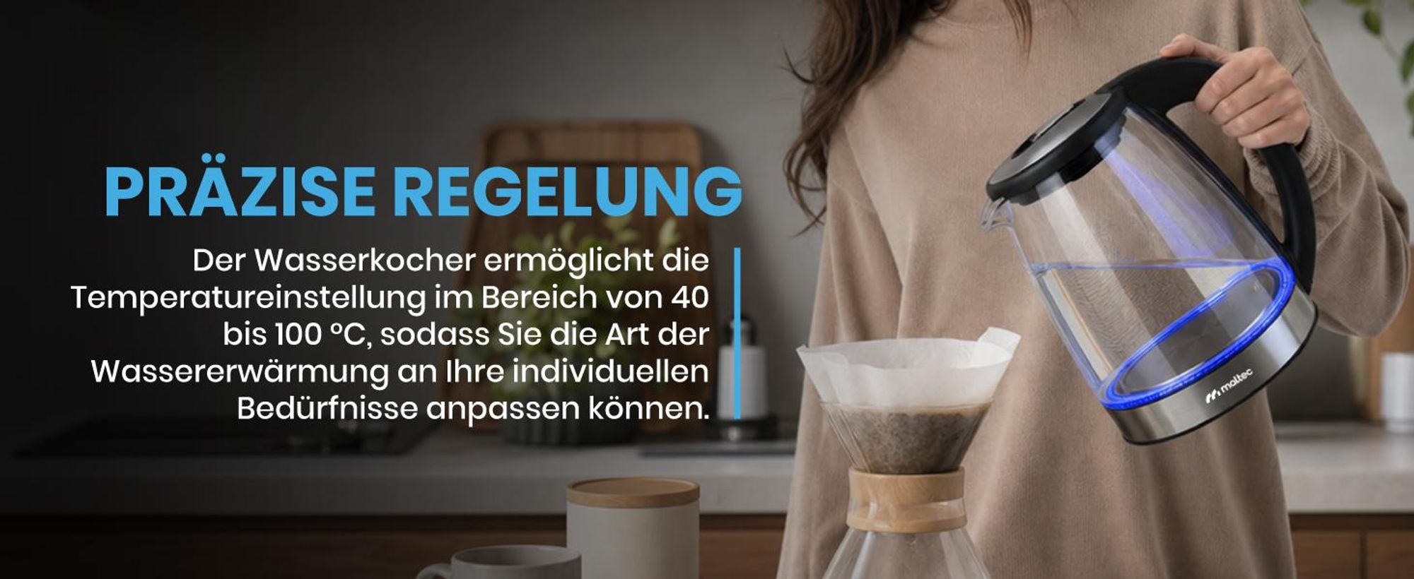 Elektrischer Glaswasserkocher mit einem Fassungsvermögen von 1800 ml Leistung 2200 Watt