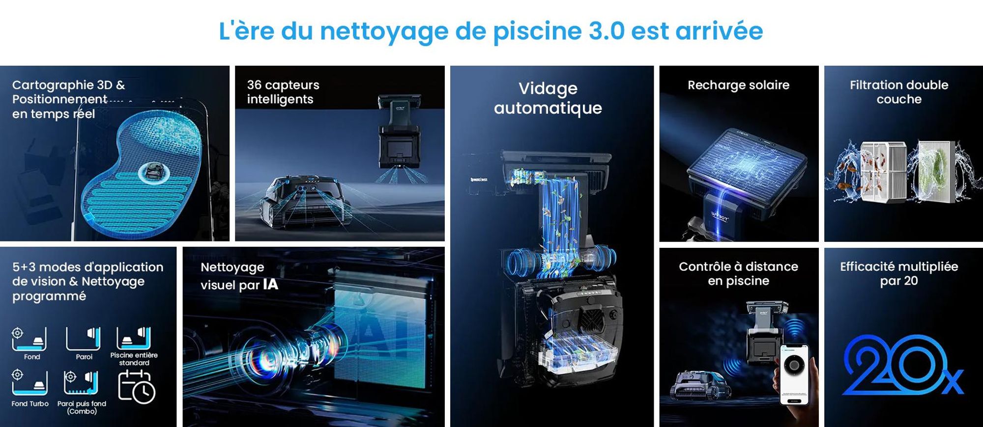 Robot de piscine WYBOT S3 : cartographie 3D, vision par IA, alimentation solaire/CC, réservoir de 10 litres à vidange automatique,via application