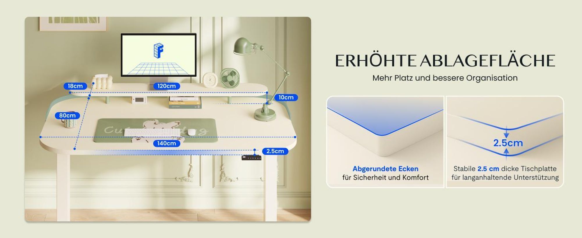 FLEXISPOT E1 Pro Elektrisch Höhenverstellbarer Schreibtisch 120x80cm 25MM EINTEILIGE TISCHPLATTE Doppelmotor 120KG Tragkraft 4 Speicherplätze, Mousseweiß+Mintgrün