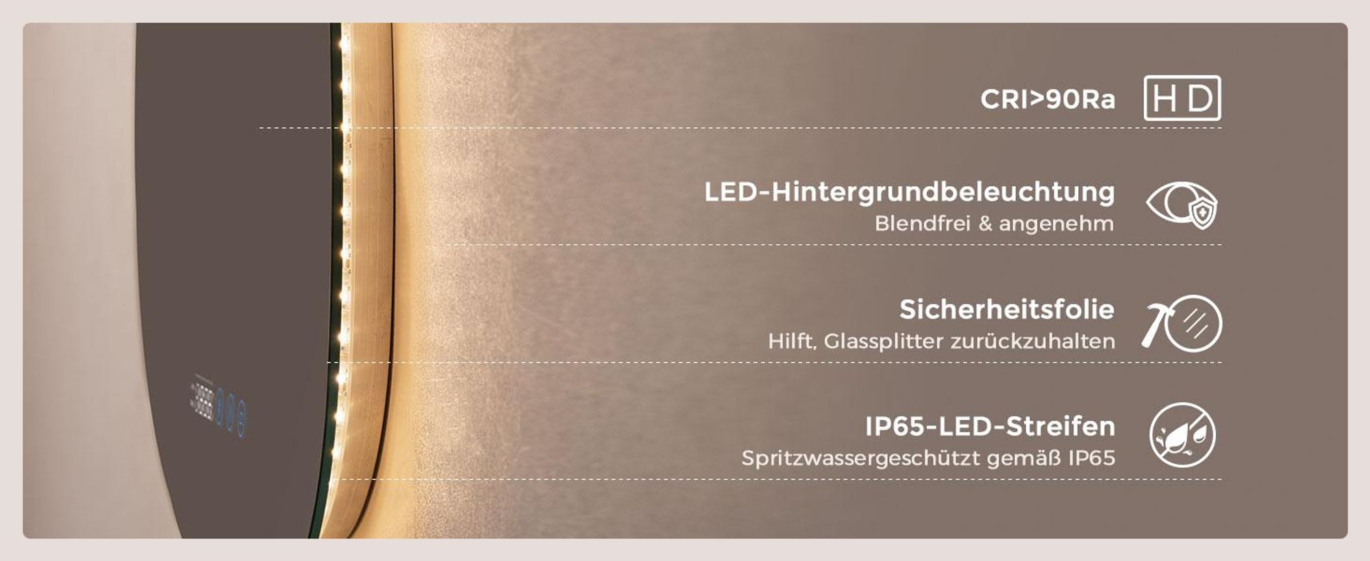 S'AFIELINA 75 x 55 cm Badspiegel mit Beleuchtung Asymmetrisch mit 3 Lichtfarben dimmbar, beschlagfrei, Bluetooth, Uhr, Temperatur, Speicherfunktion