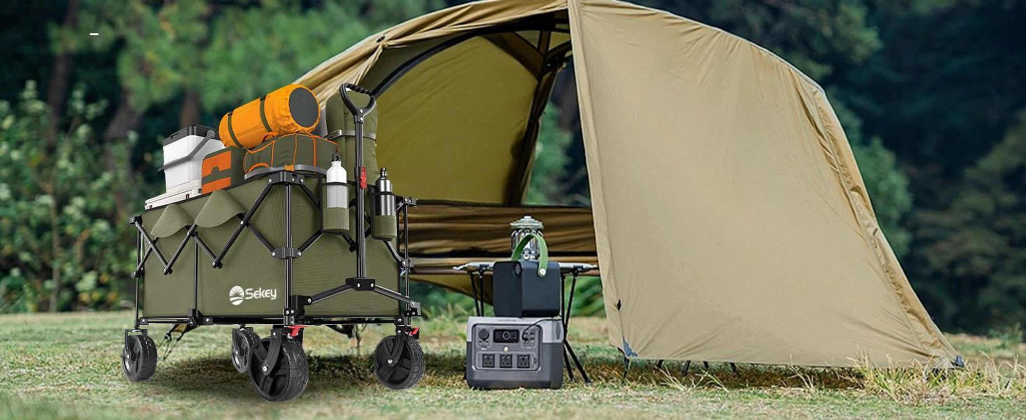 Sekey XXL 200KG Belastbar Bollerwagen Faltbar mit Spanngurte, 20x7,5 cm Extra Breite Reifen, Olivgrün