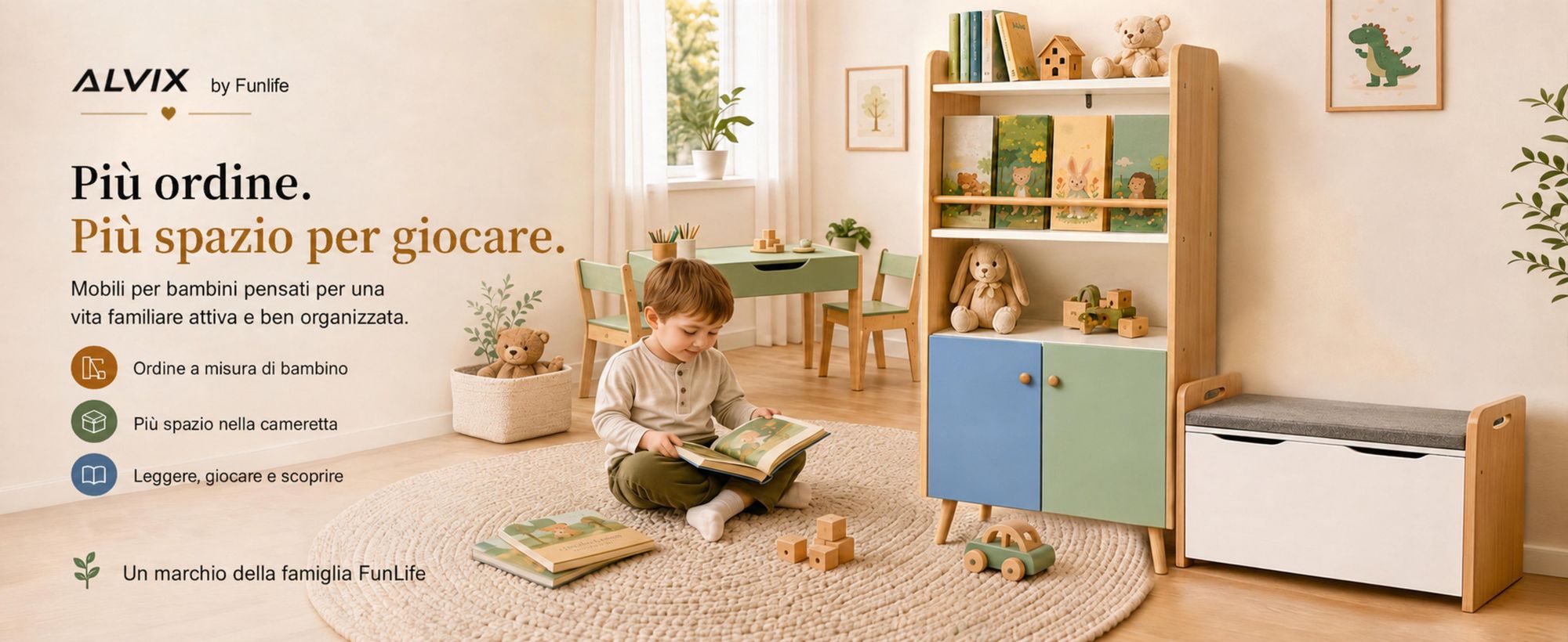 ALVIX, libreria per bambini NESTA 4 con 2 ante, libreria Montessori per bambini con ripiani per libri, scaffale per giocattoli e armadietto contenitore, dotata di sistema di sicurezza anticaduta
