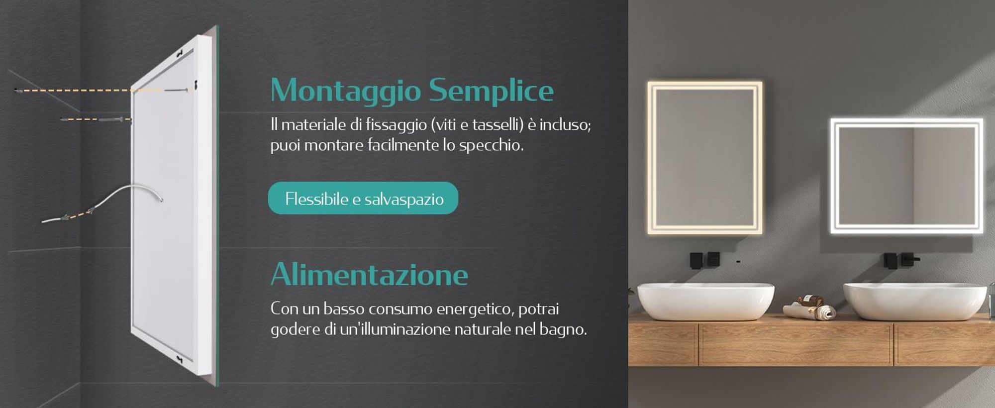 Specchio da bagno EMKE LED con illuminazione 50X60 cm antiappannamento, specchio da parete Specchio da bagno con interruttore meccanico, colori della luce 3000K/6500K, IP44