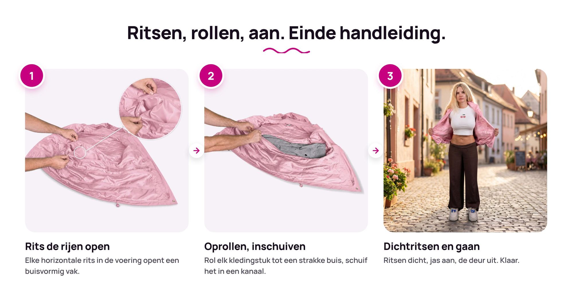Stap voor stap: kleding inpakken in de buisvakken van de Ryanwear Inpakjas